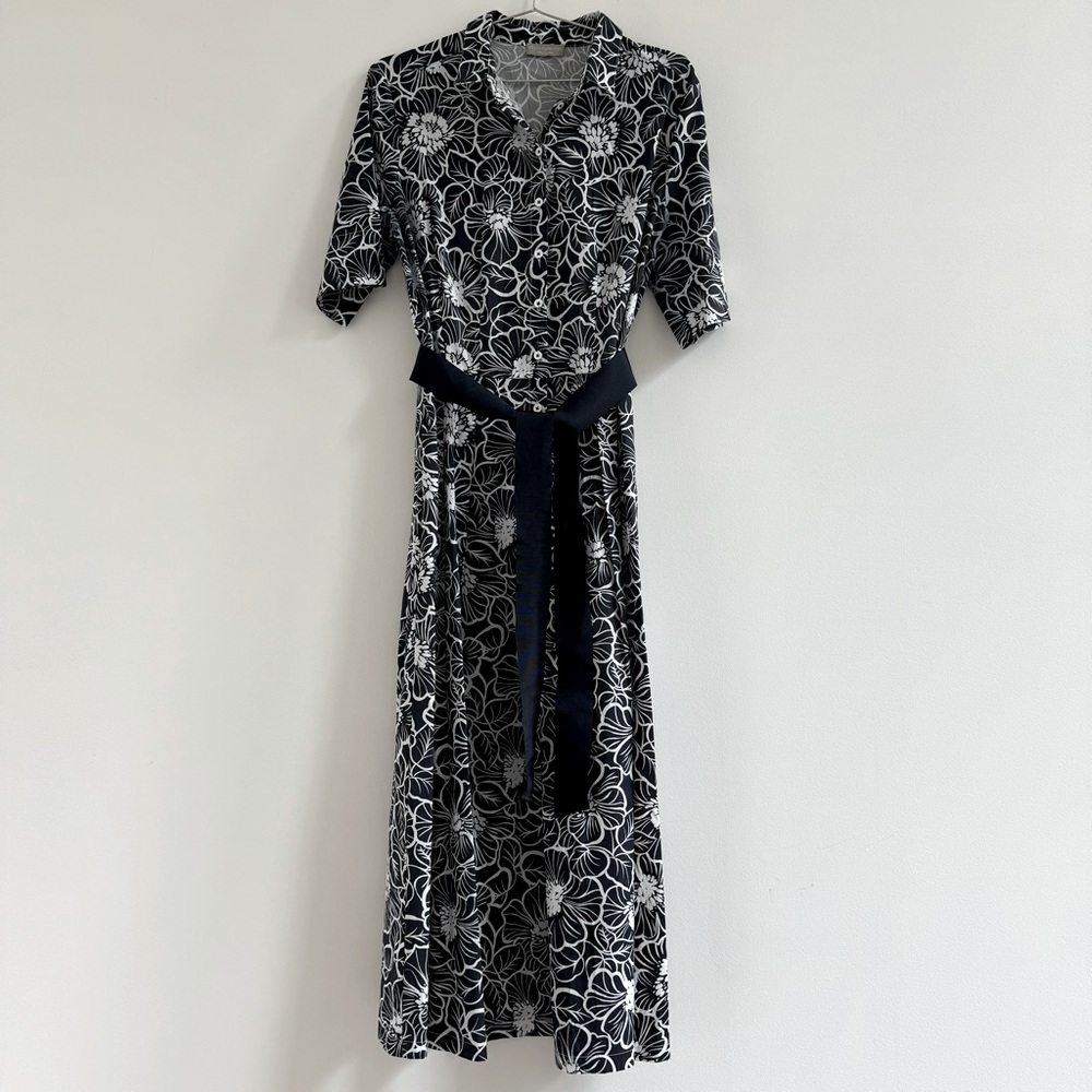Elegant Black and White Floral Long Sleeve Dress